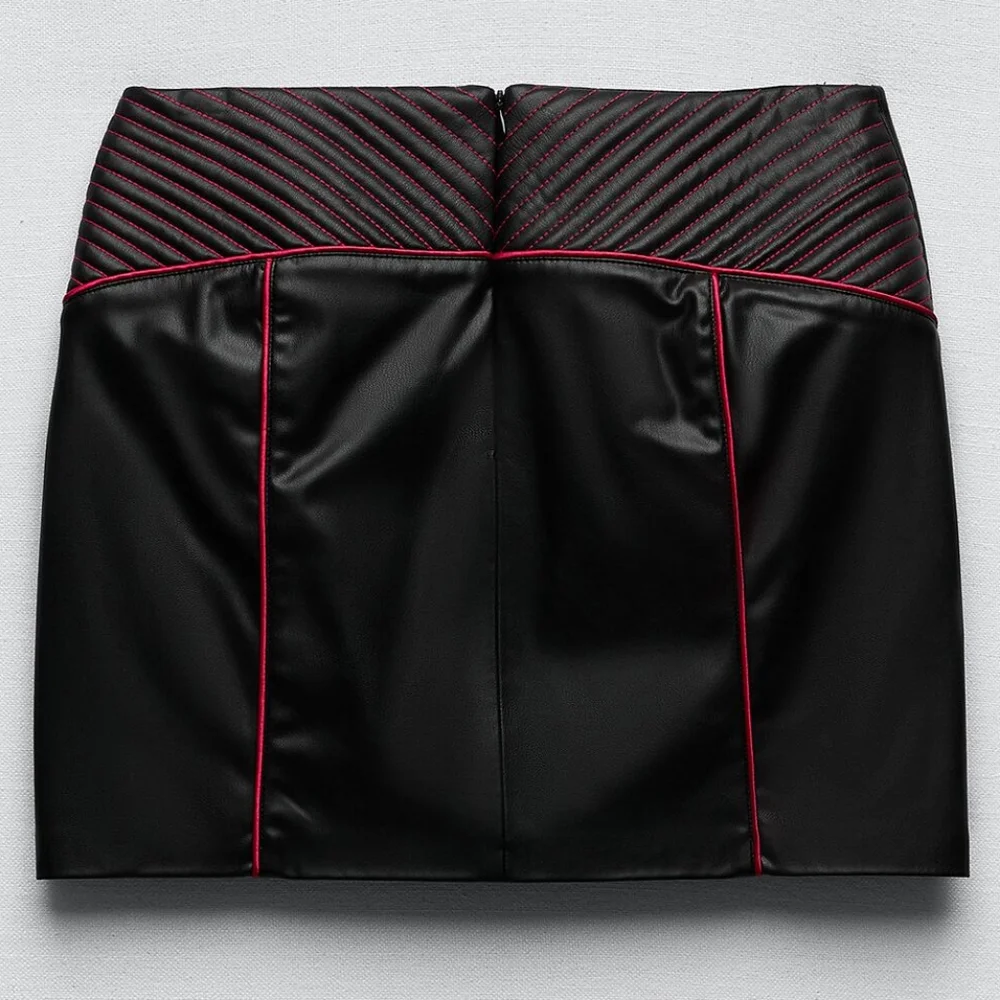 NWT ZARA Black/Red Moto Style Faux Leather Mini Skirt S - Picture 8 of 9